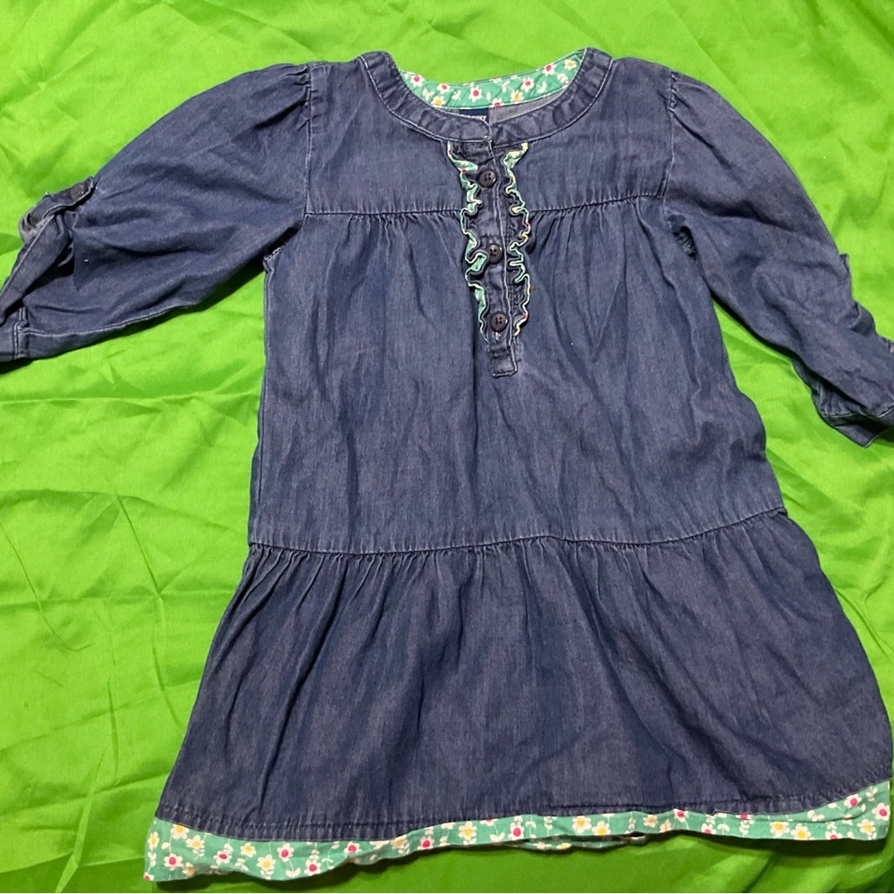 Denim Dress with Floral Trim